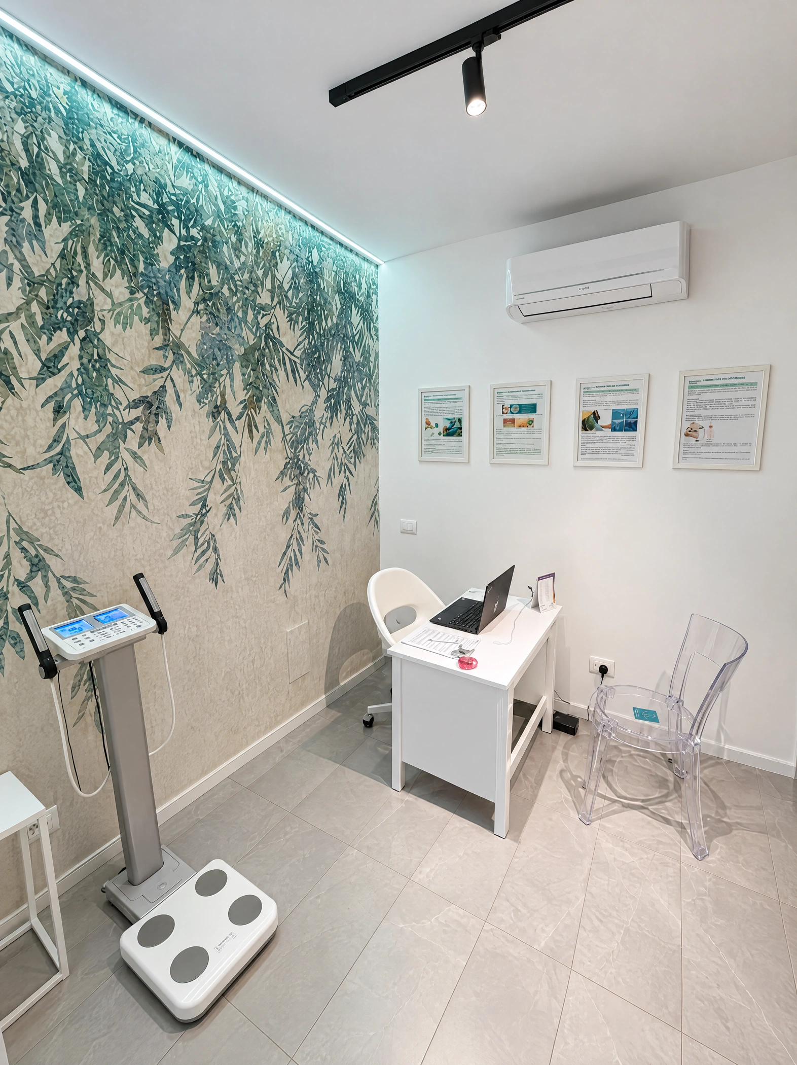 Lo studio di nutrizione del Centro RM con parete decorata a foglie